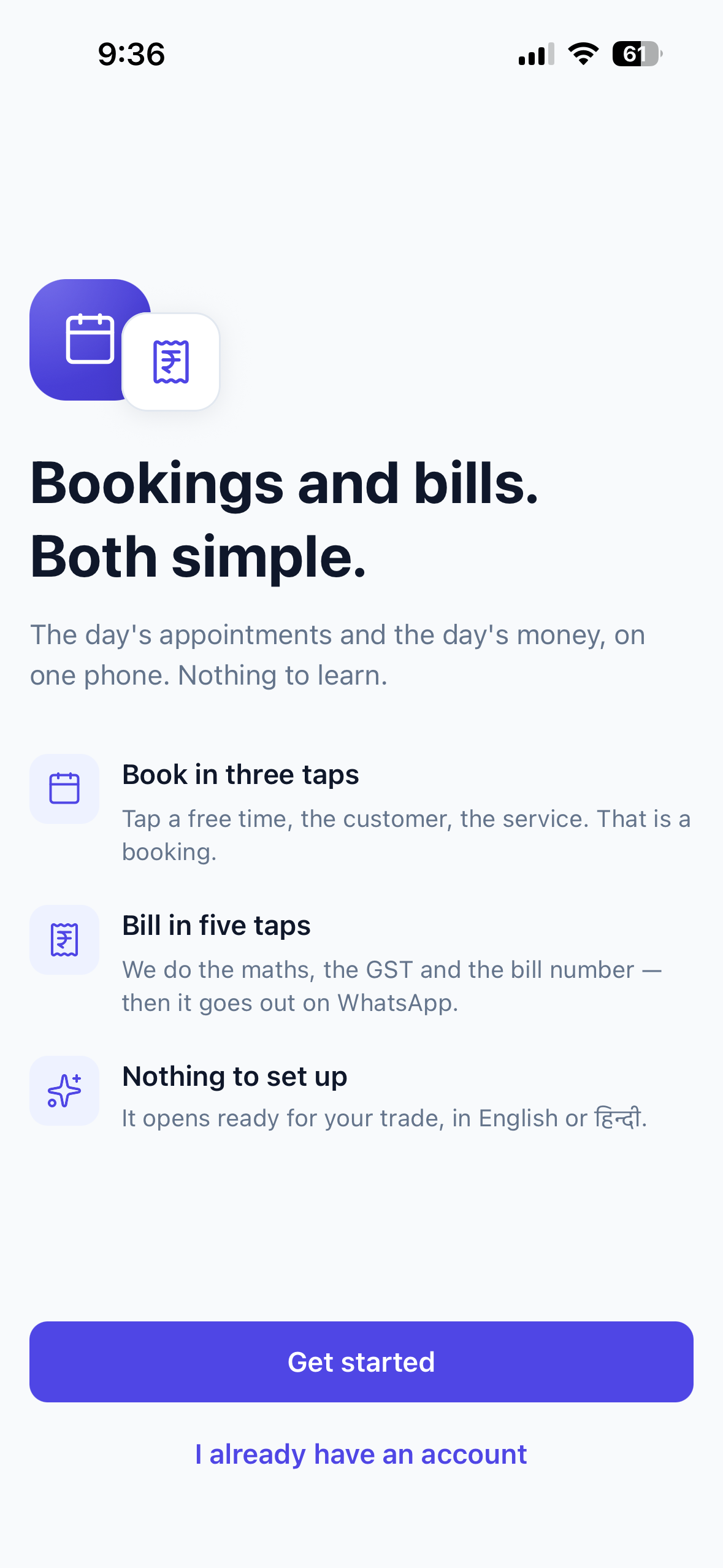 Parchi welcome screen — "Bookings and bills. Both simple." over book in three taps, bill in five, and nothing to set up
