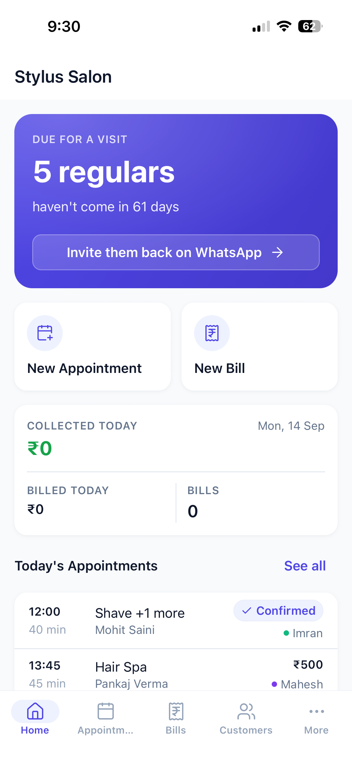 Parchi home screen for a salon — five regulars due for a visit with an invite-back button, New Appointment and New Bill shortcuts, and today's takings