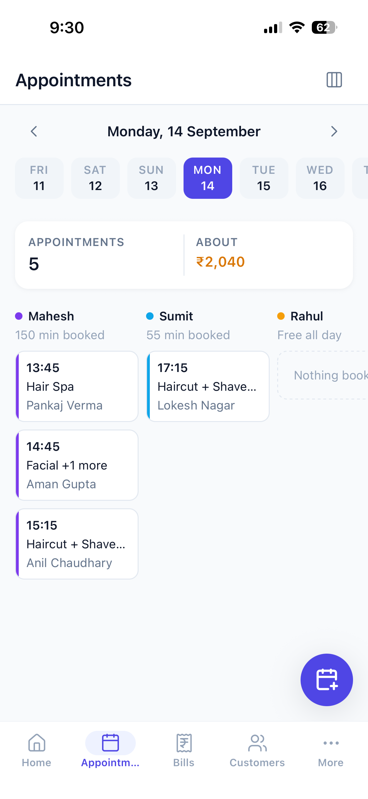 Parchi appointments day view with one column per staff member and the day's booking count and expected takings