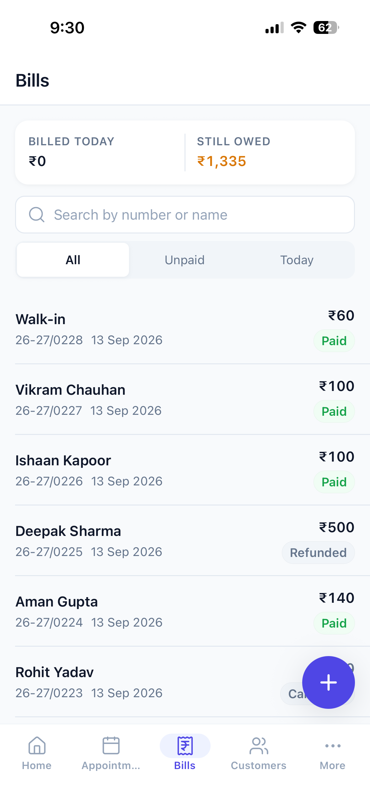 Parchi bills list with billed-today and still-owed totals, filters for unpaid and today, and a paid or refunded status on every bill