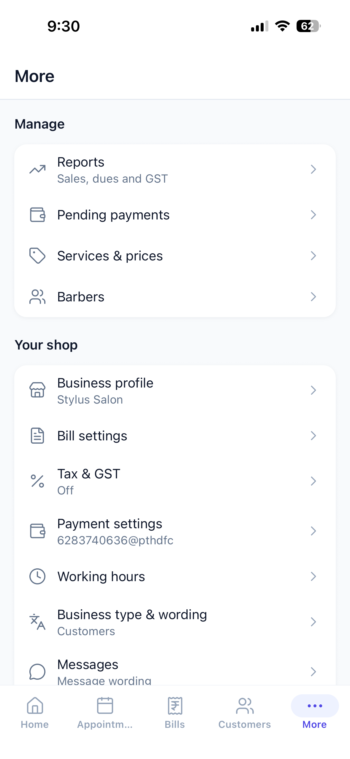 Parchi settings — reports, pending payments, services and prices, staff, and the shop's own GST, UPI and message wording