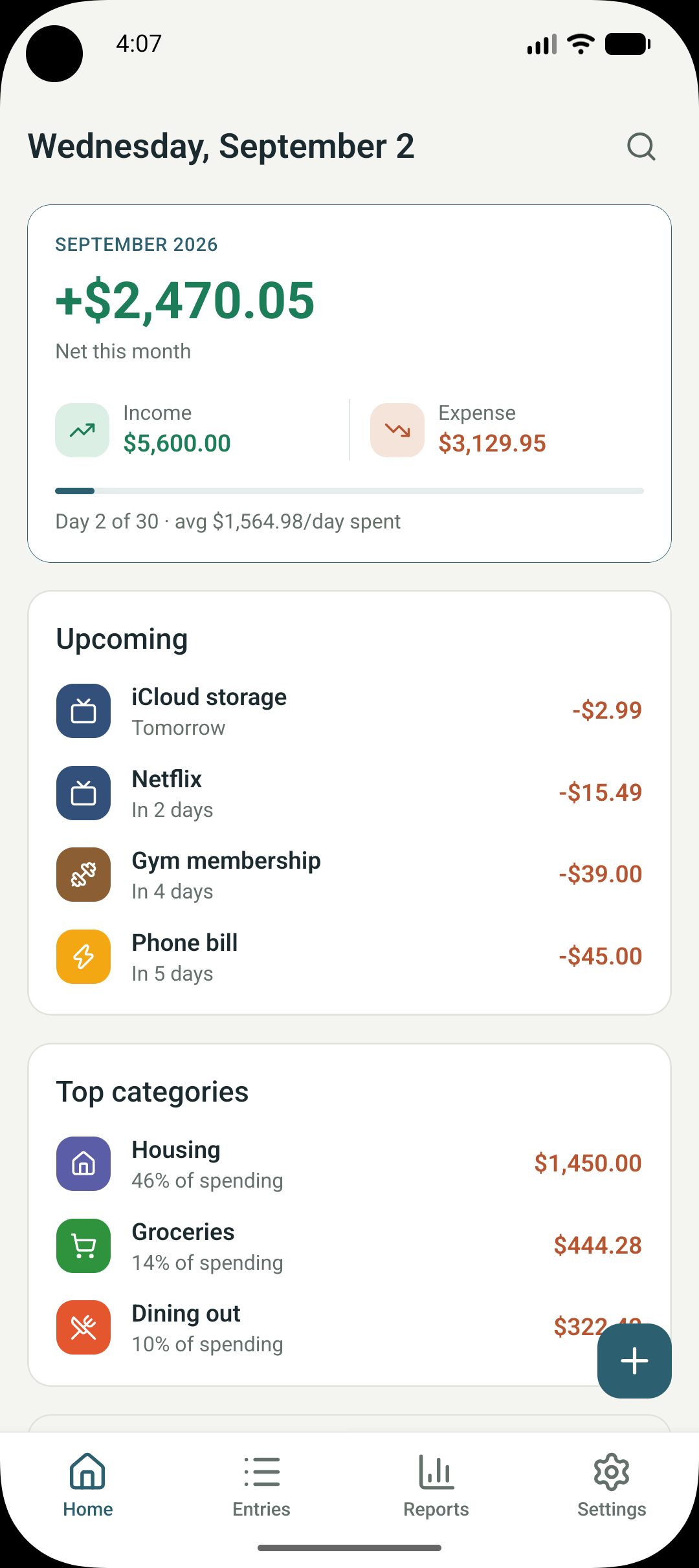 Potli home screen — net for September 2026 over income and expense totals, upcoming bills, and the top spending categories