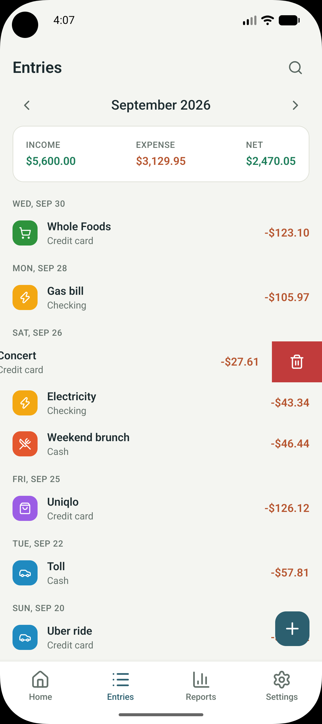 Potli entries list for the month, grouped by day, with income, expense and net across the top and an entry swiped open to delete
