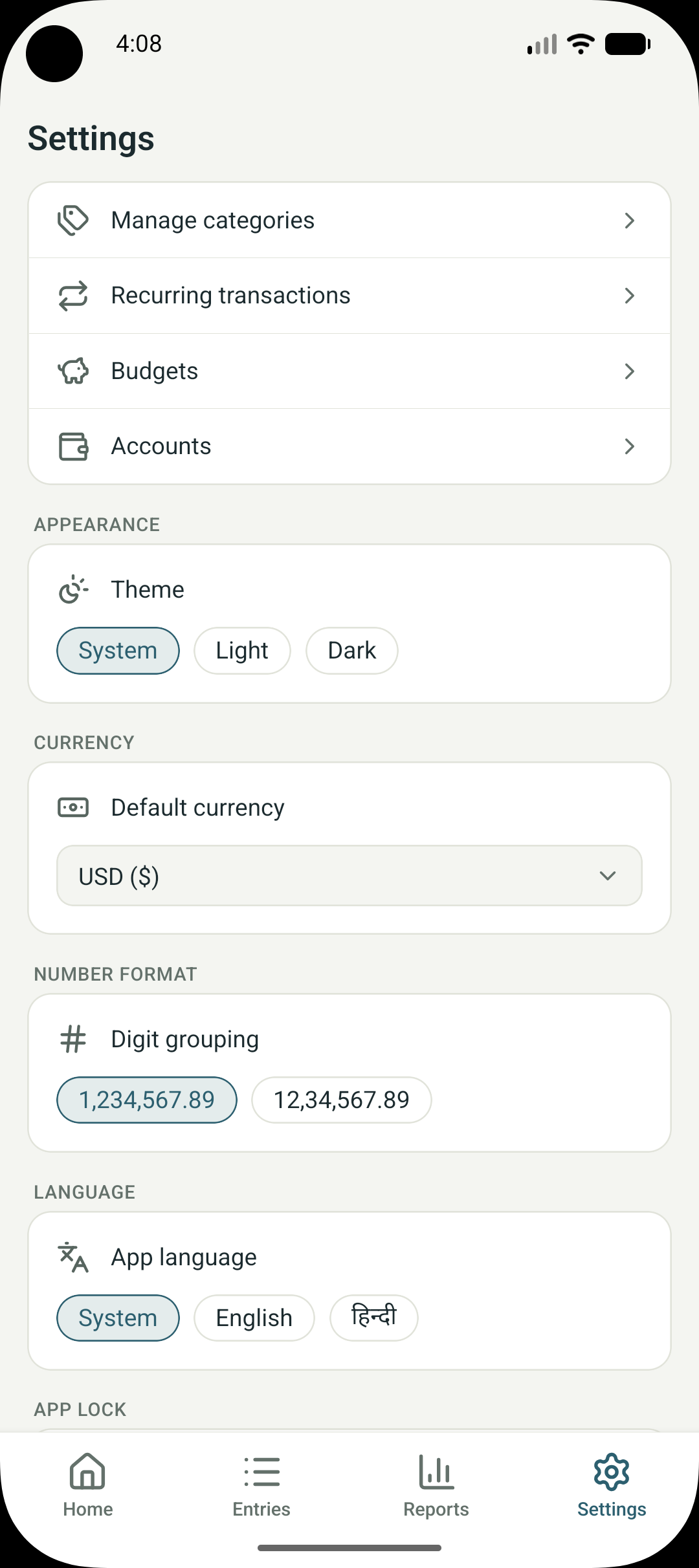 Potli settings — categories, recurring transactions, budgets and accounts, with theme, currency, digit grouping and English or Hindi