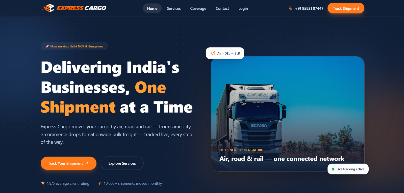 The Express Cargo home page — "Delivering India's Businesses, One Shipment at a Time" beside a Delhi NCR to Bengaluru air consignment card with live tracking active.
